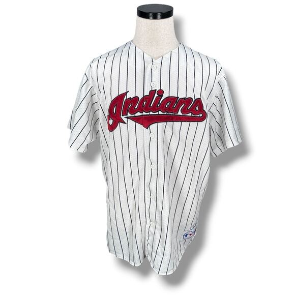 Vintage Majestic Cleveland Indians Baseball Jersey Men XL White Pinstriped READ - Picture 1 of 11